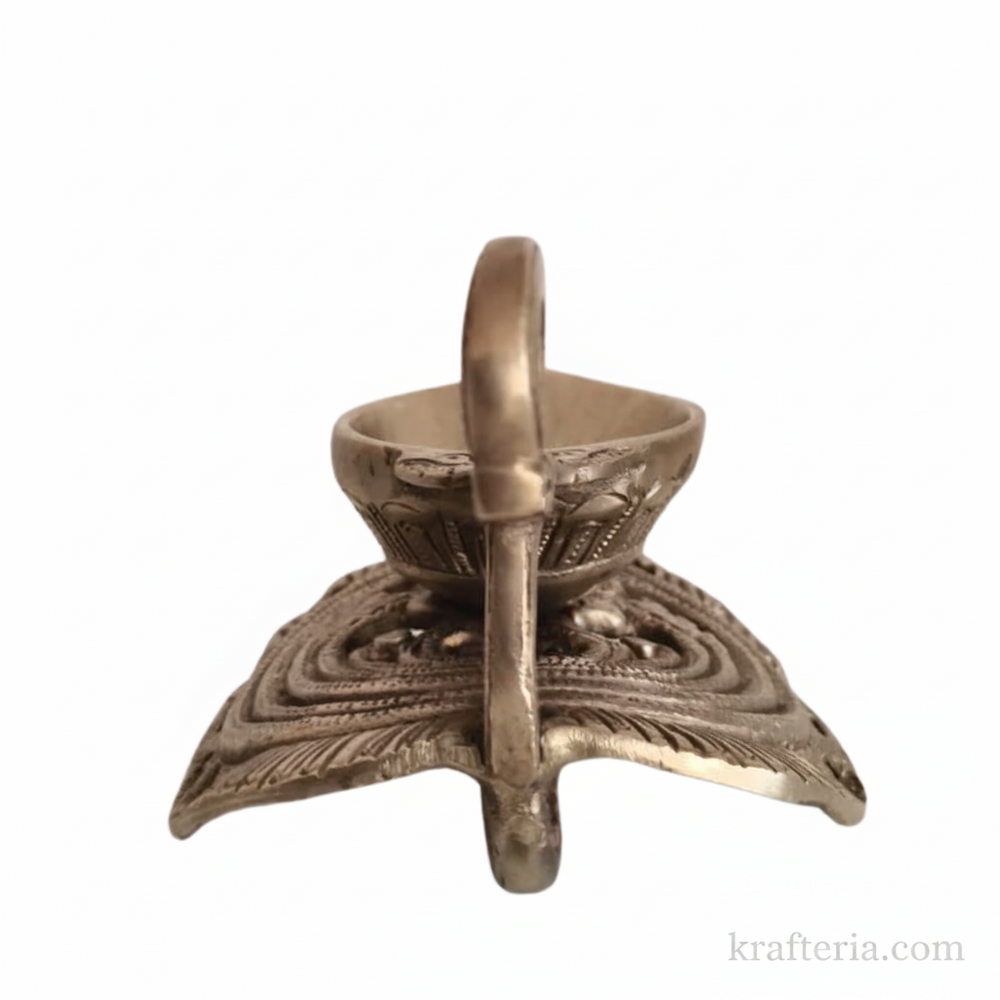 Brass Handheld Diya | Traditional Ritual Oil Lamp with Swan Handle and Ornate Base   Brass Artwork