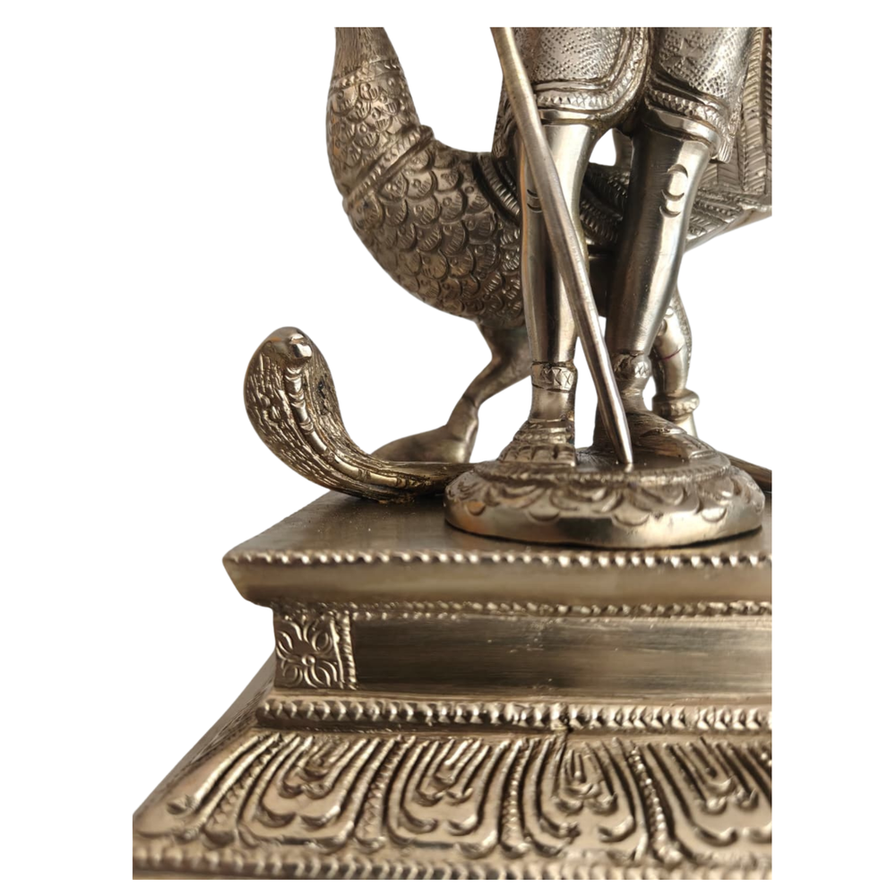 Traditional Lord Kartikeya Statue with Peacock and Vel for Home Temple & Spiritual Decor   Brass Artwork