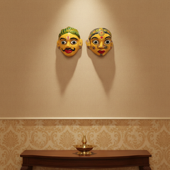 Traditional Cheriyal Art Couple Masks – Rustic Indian Folk Wall Hanging Set   wall decor