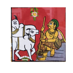Traditional Cowherd with Bulls - Cheriyal Folk Art Painting   Cheriyala Painting