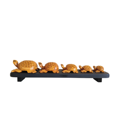 Hand-Carved Wooden Turtle Family Sculpture on Display Base