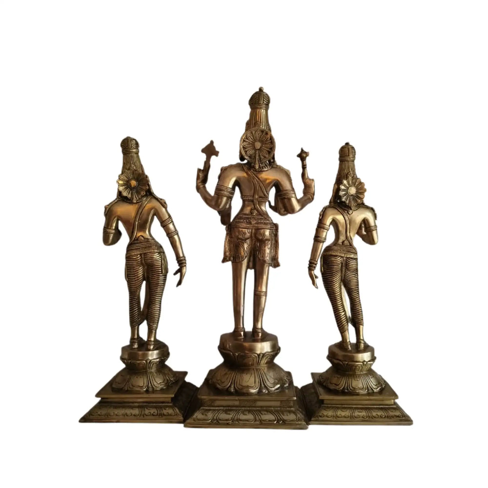 Brass Vishnu Lakshmi Bhudevi Statue Set – Antique Finish Hindu Deity Trio Idol   Brass Ware
