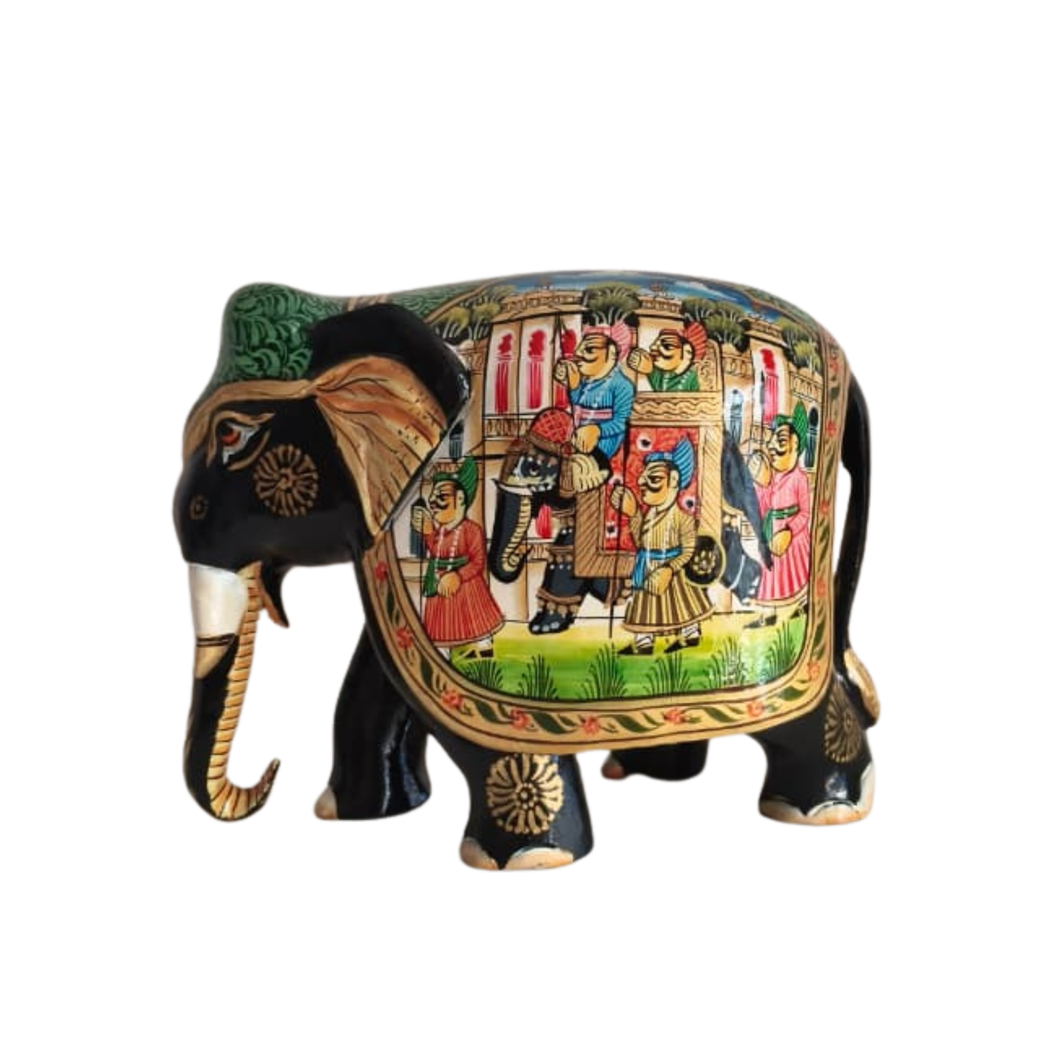 Black Painted Wooden Mughal Elephants – Elegant Decorative Figurines