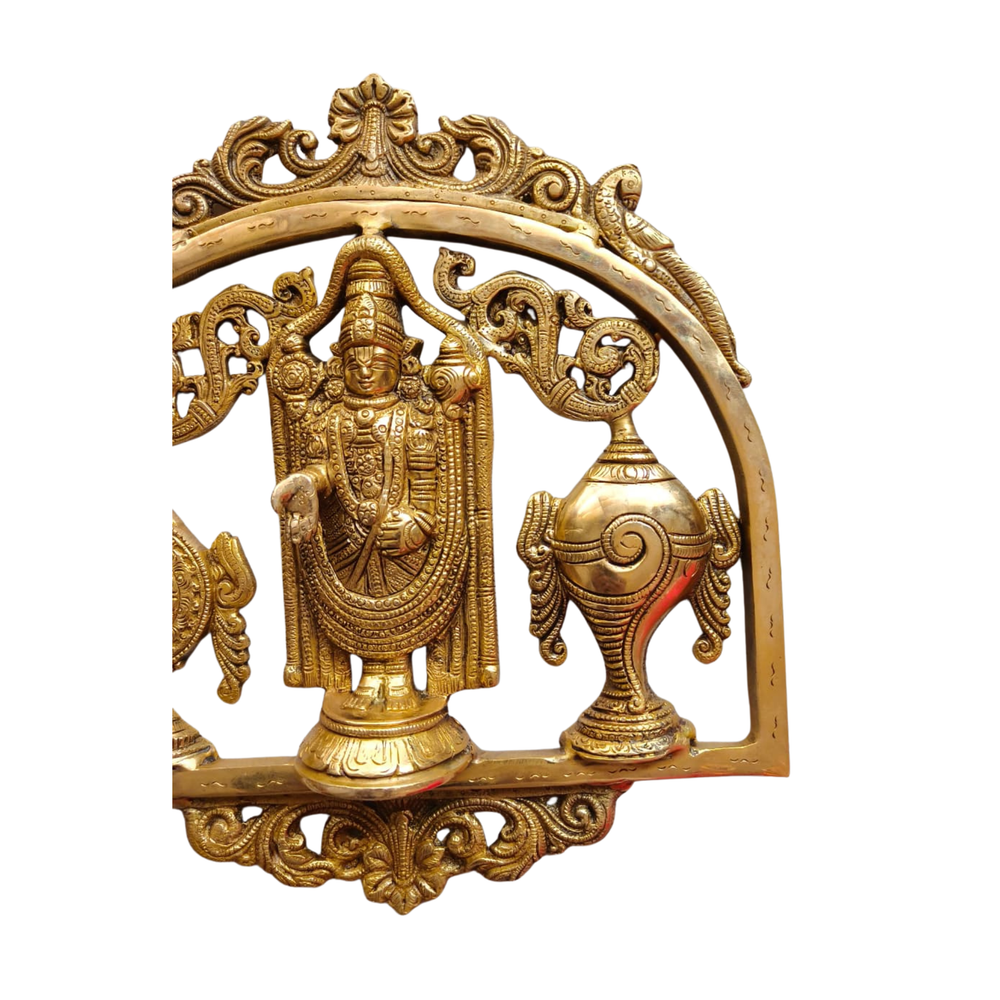 Lord Venkateswara Brass Wall Hanging with Shankh & Chakra - Balaji Prabhavali Wall Art   Brass Artwork