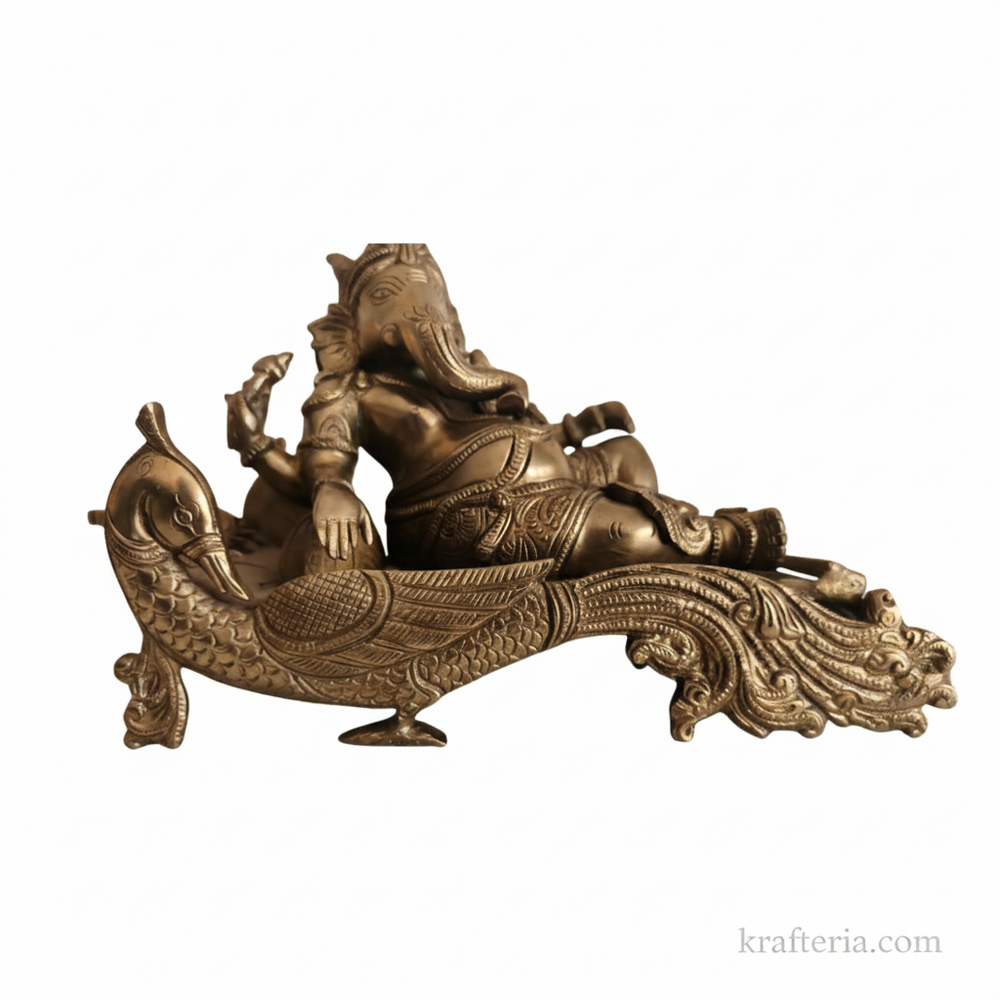 Brass Reclining Ganesha Statue – Traditional Relaxed Ganesha on Peacock Couch Idol   Brass Artwork