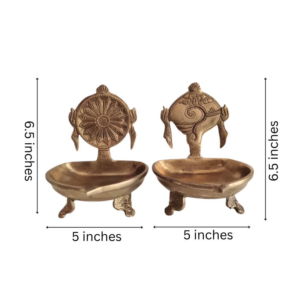 Handcrafted Brass Shankh Chakra Table Diya Set | Traditional Spiritual Oil Lamps   Brass Artwork