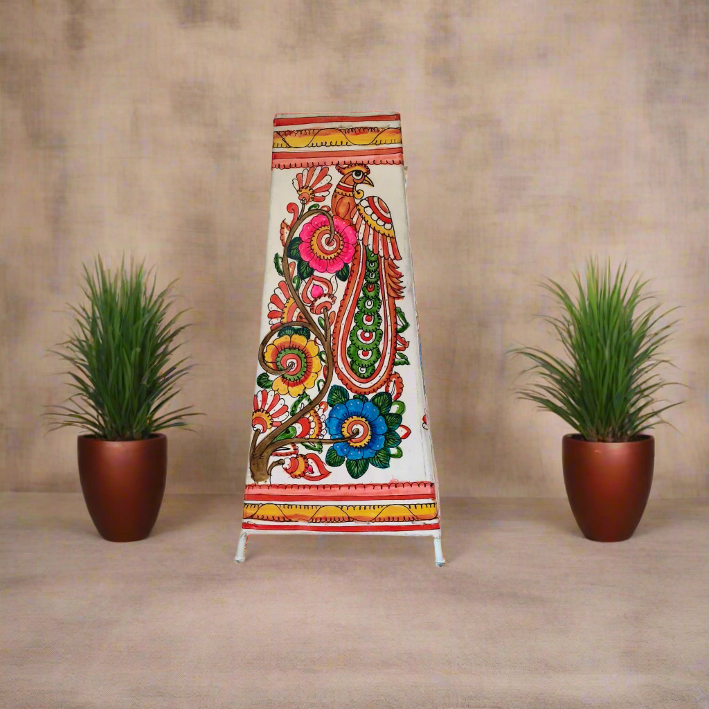 Hand-Painted Leather Lamp with Peacock and Floral Design