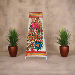 Hand-Painted Leather Lamp with Peacock and Floral Design