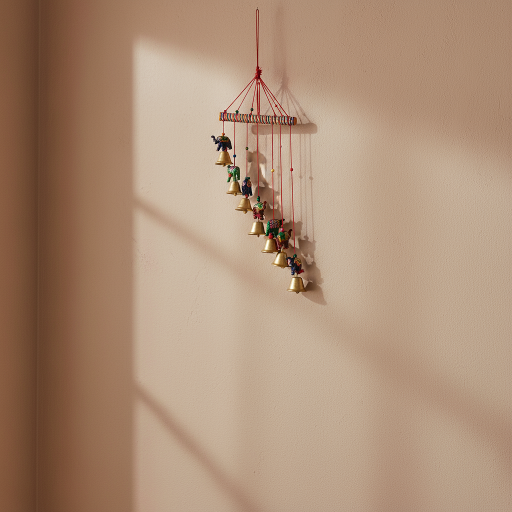 Hand-painted elephant and golden bell wind chime wall hanging with colorful folk art design for home décor