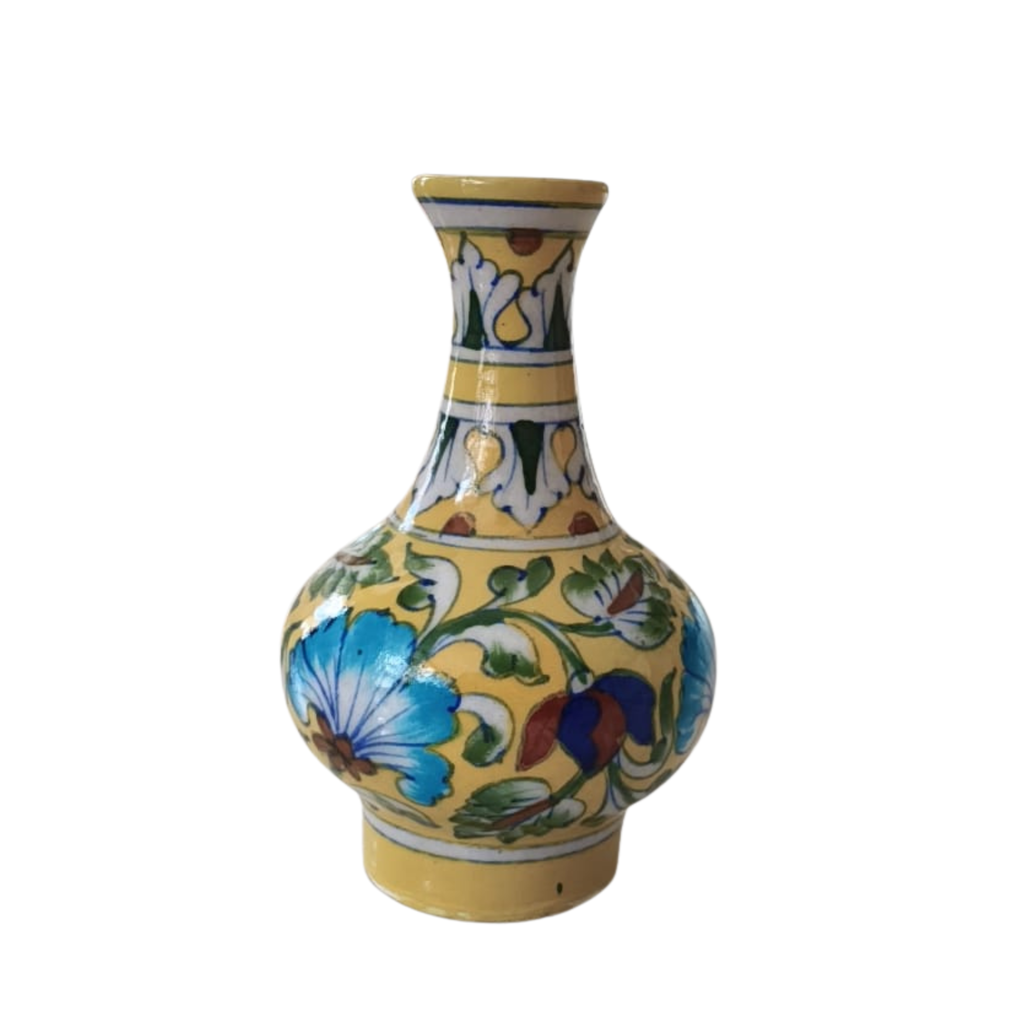 Hand-Painted Yellow & Blue Pottery Floral Vase | Decorative Quartz Urn