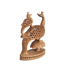 Hand-Carved Wooden Peacock Pair with Filigree Detail
