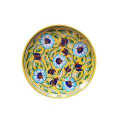 Artisan Blue Pottery Floral Wall Plate | Yellow Quartz Decor