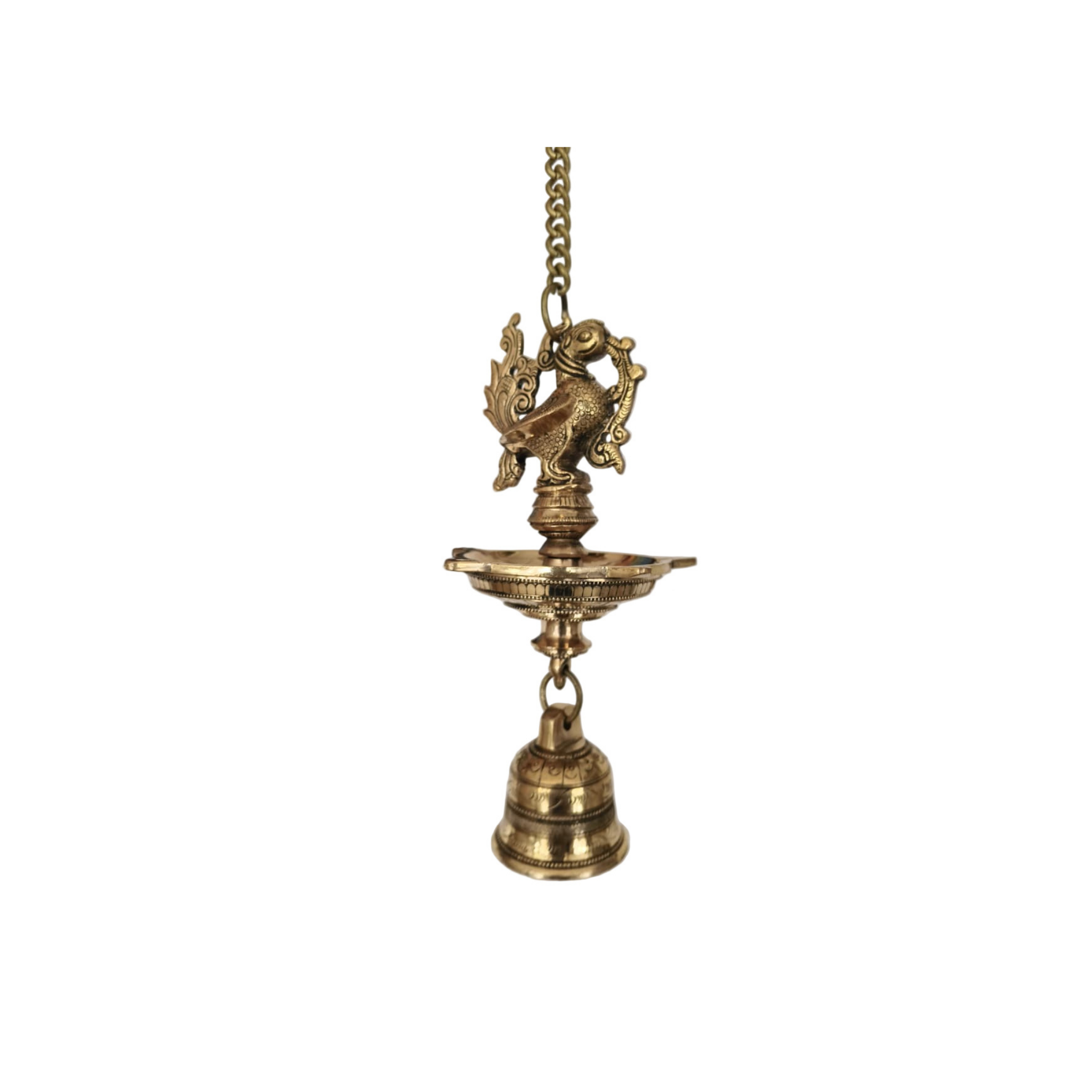 Traditional Brass Hanging Oil Lamp (Diya) with Peacock and Bell