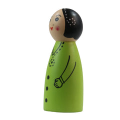 Wooden Girl Peg Doll – Green Dress with Pink Dots   Wooden Lacquerware&toys