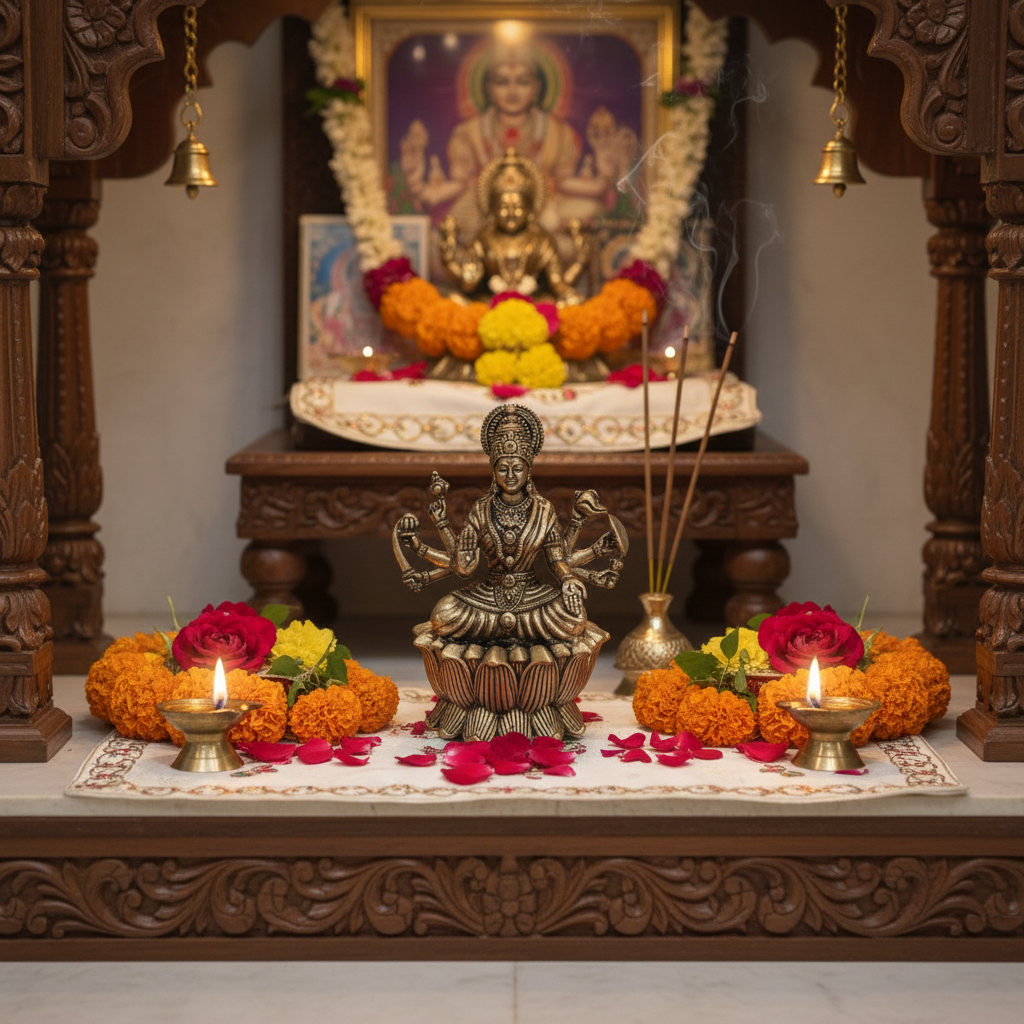 Mahalakshmi Idol with Eight Arms - Goddess of Fortune, Seated on Lotus Base