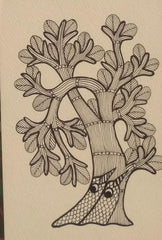Hand-Drawn Gond Art Greeting Card – Monochrome Tree of Life   Paintings