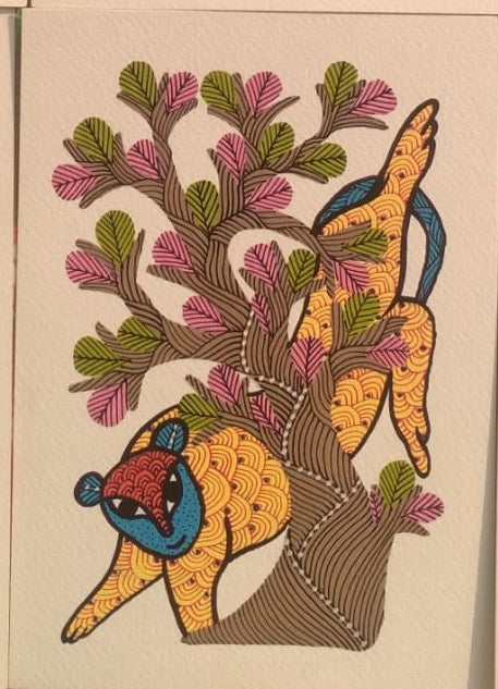Handmade Gond Art Deer & Tree Card   Paintings