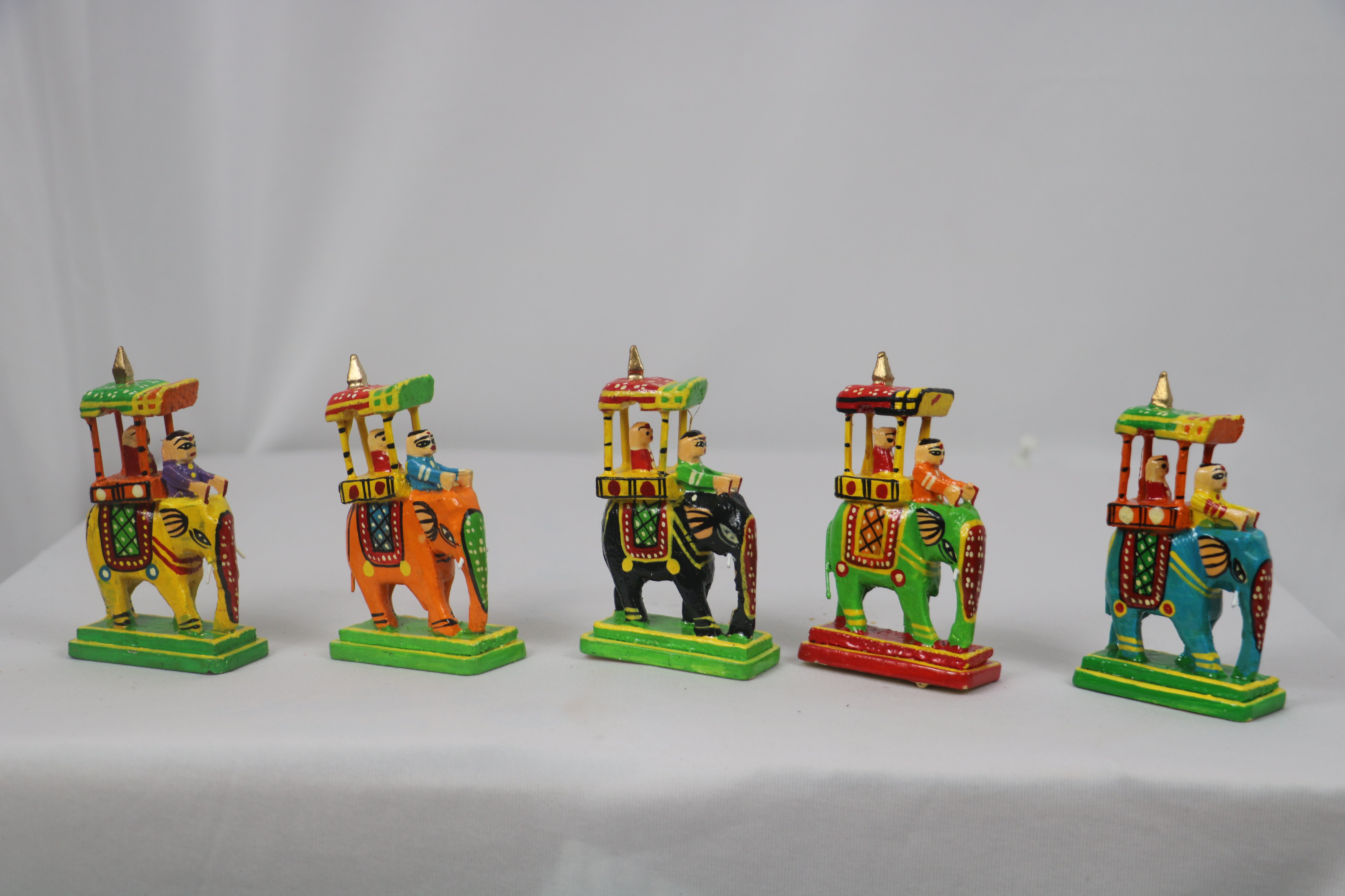 Handcrafted Wooden Elephant Ambari Set – 10 Miniatures (3 Inches Each)