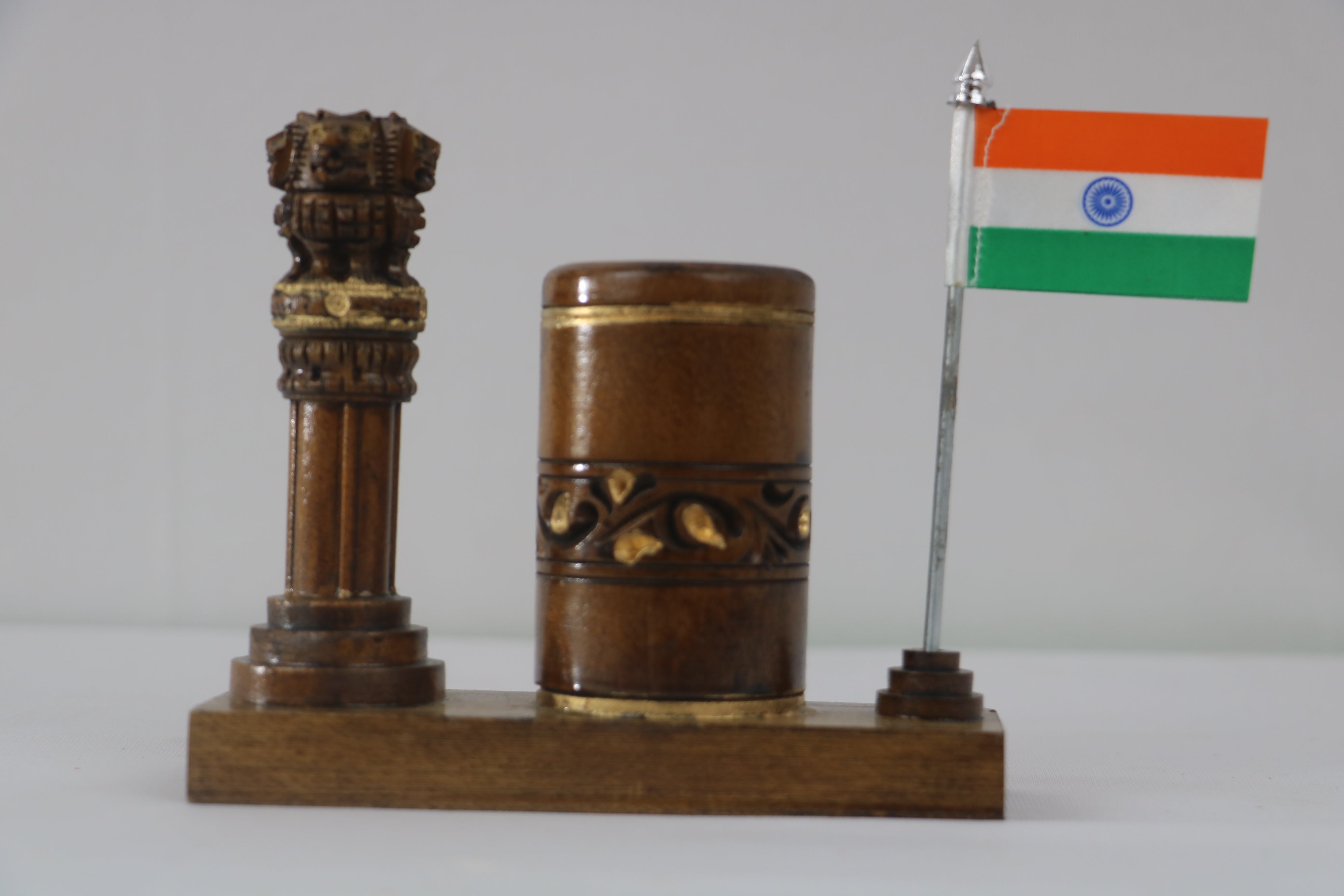 Ashoka Pillar Pen Stand – Wooden Office Table Accessory
