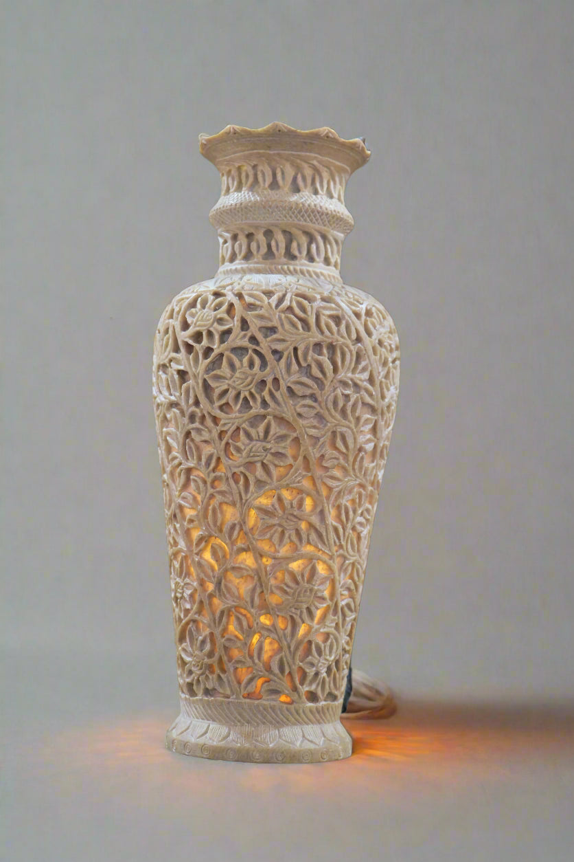 Decorative Flower Vase Lamp – Intricate Jali Carving Inspired by Kashi Temples