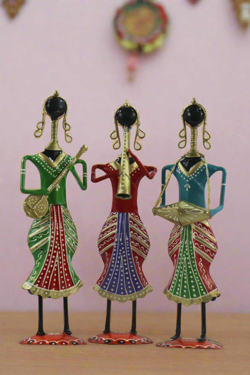 Iron Handpainted Lady Standing Musician Set of 3 Decorative Showpiece