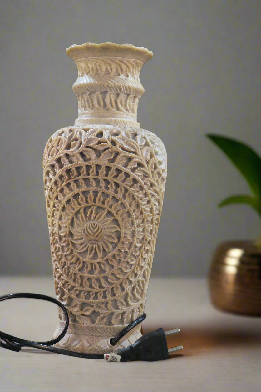 Decorative Flower Vase Lamp – Intricate Jali Carving Inspired by Kashi Temples