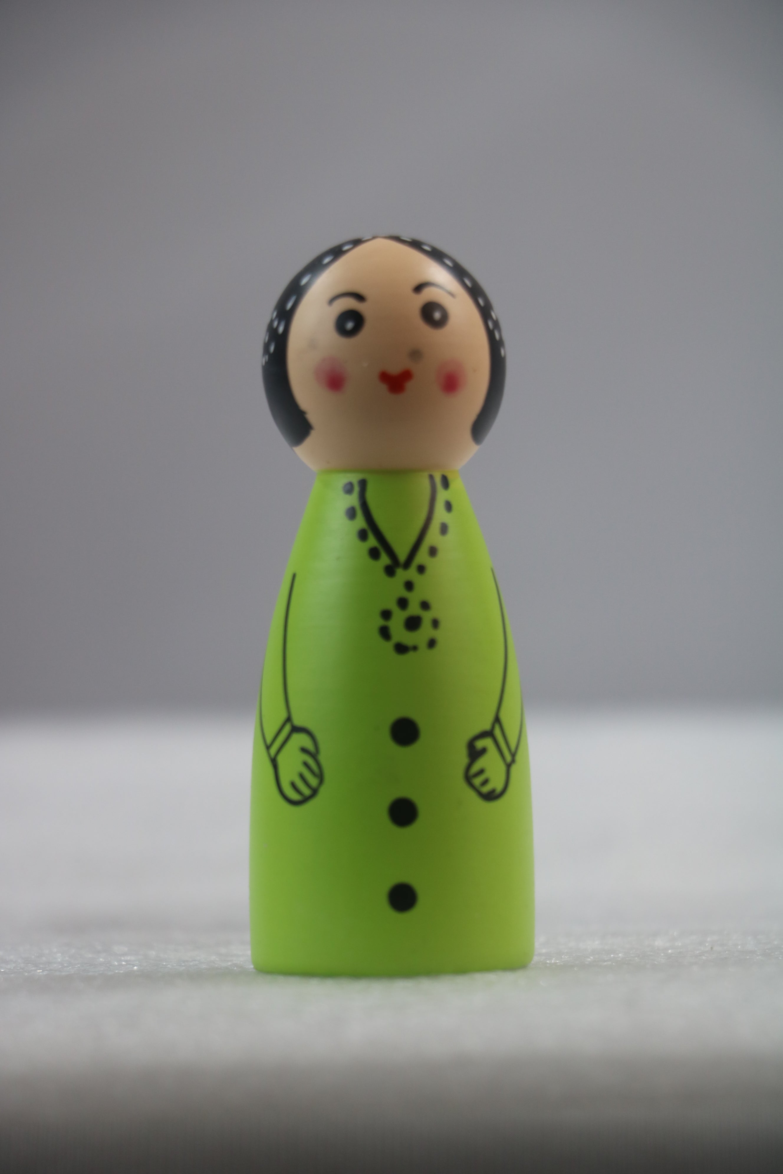 Wooden Girl Peg Doll – Green Dress with Pink Dots
