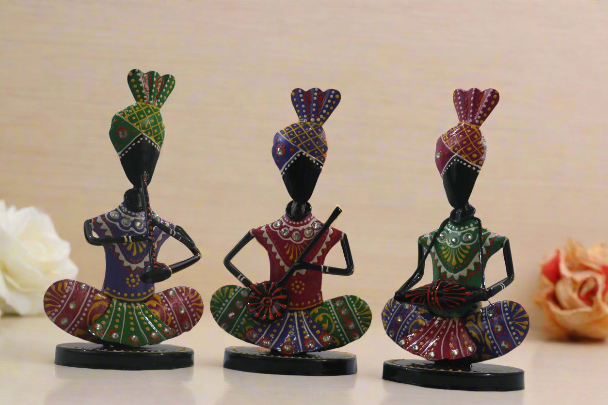 Iron Multicolor Sitting Sardar Musician Set of 3 Decorative Showpiece
