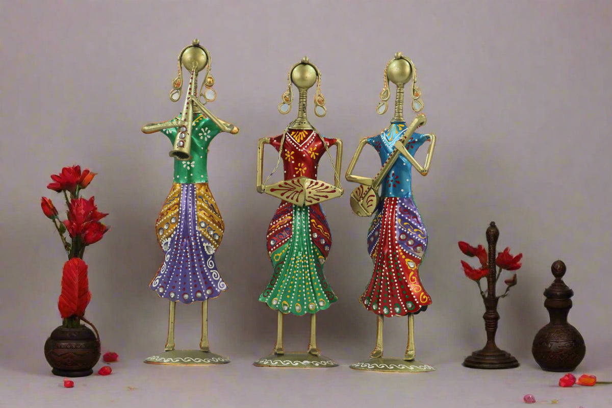 Iron Handpainted Lady Standing Musician Set of 3 Decorative Showpiece