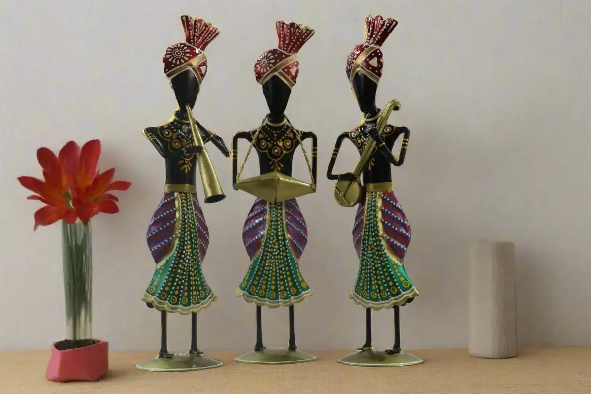 Iron Handpainted Sardar Musician Standing Set of 3 Decorative Showpiece   Iron Decorative