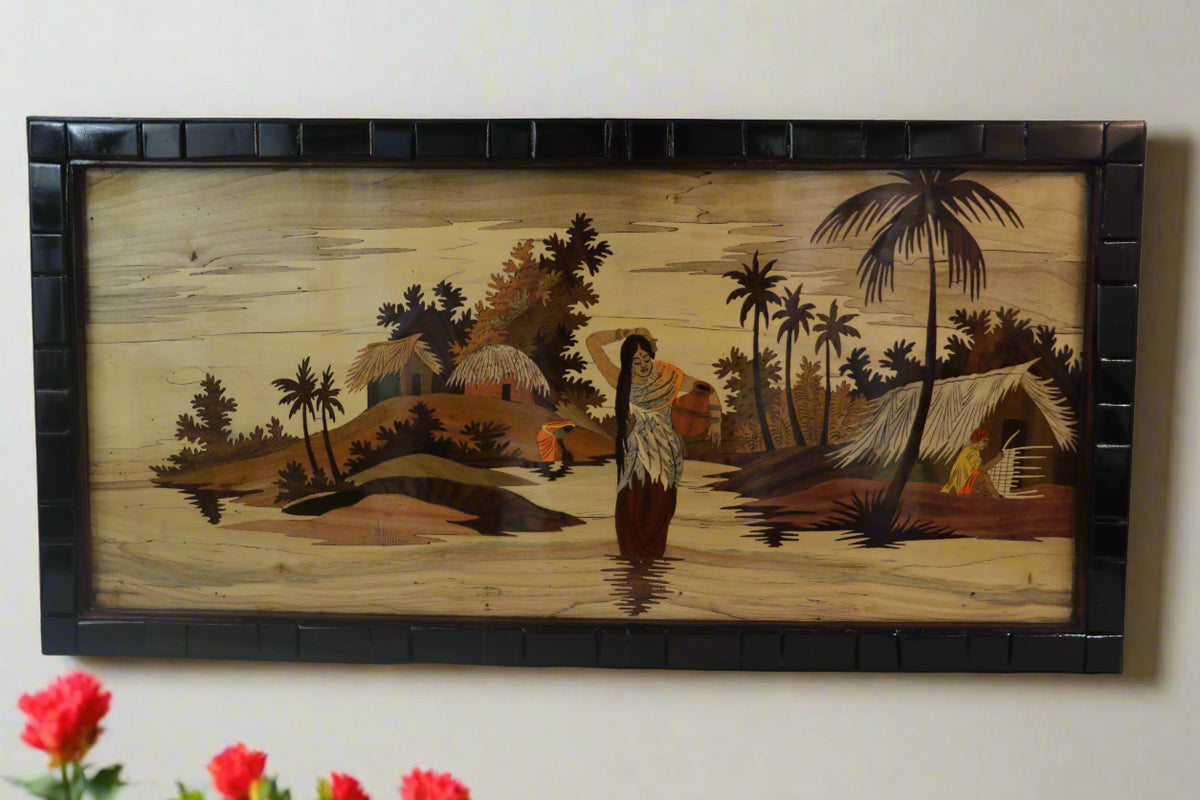 Traditional Indian Village Scene Wood Inlay Mysore