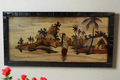 Traditional Indian Village Scene Wood Inlay Mysore