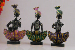Iron Multicolor Sitting Sardar Musician Set of 3 Decorative Showpiece