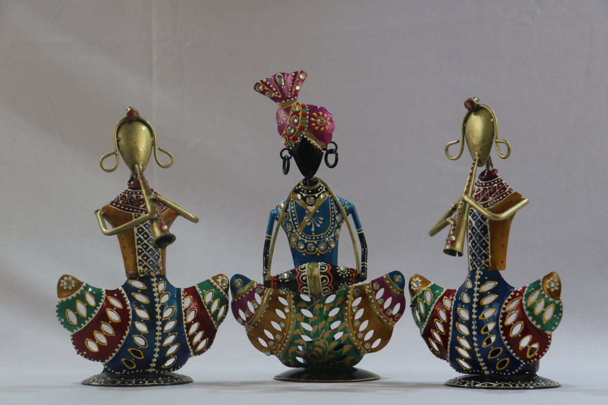 Iron Multicolor Sitting  Musician Candel Holder Set of 3 Decorative Showpiece
