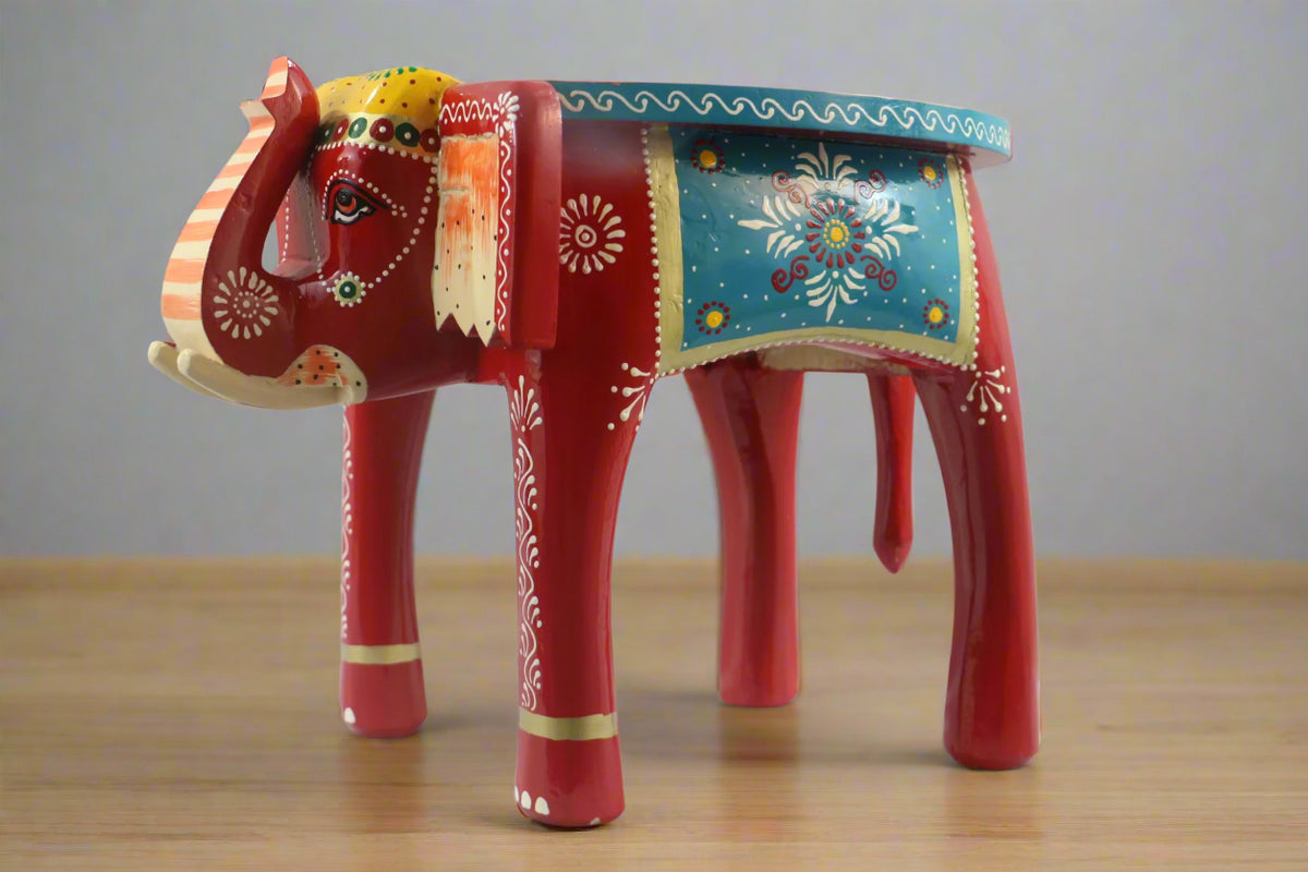 Wooden Hand-Painted Elephant Stool – Decorative Accent Furniture