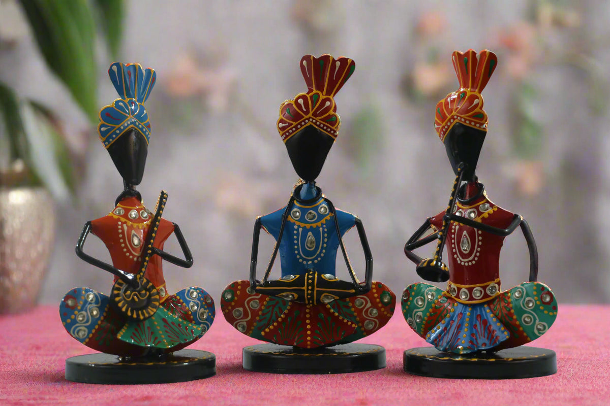 Iron Multicolor Sitting Sardar Musician Set of 3 Decorative Showpiece