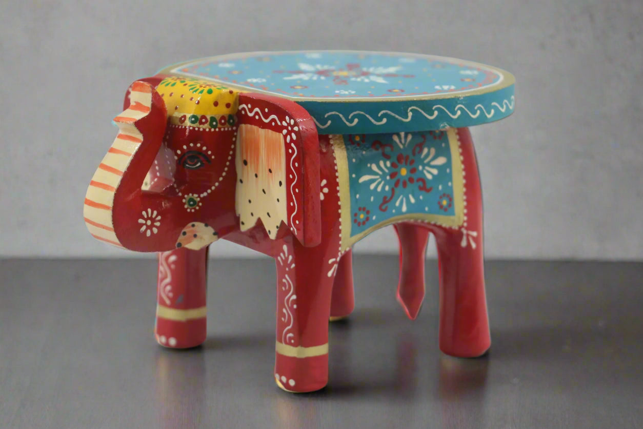 Wooden Hand-Painted Elephant Stool – Decorative Accent Furniture