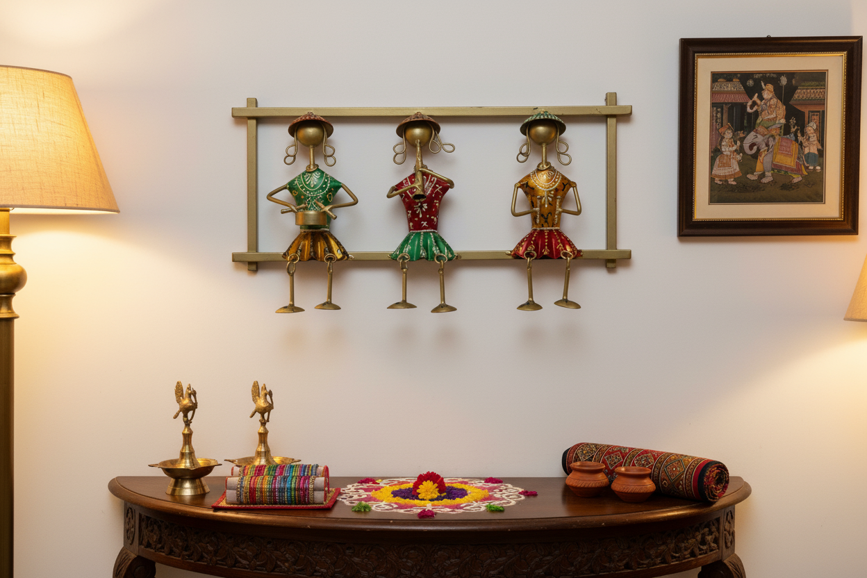 Decorative wall art with three colorful figures on a gold frame against a gray background