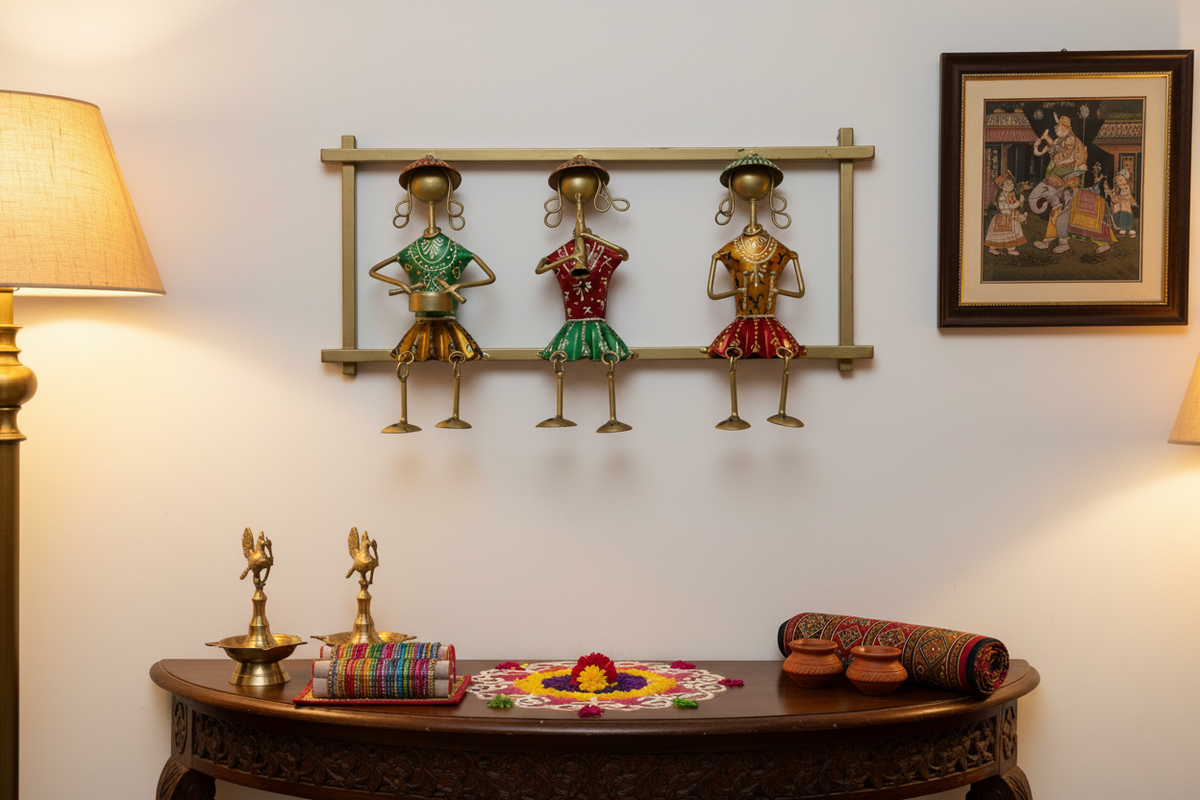 Decorative wall art with three colorful figures on a gold frame against a gray background
