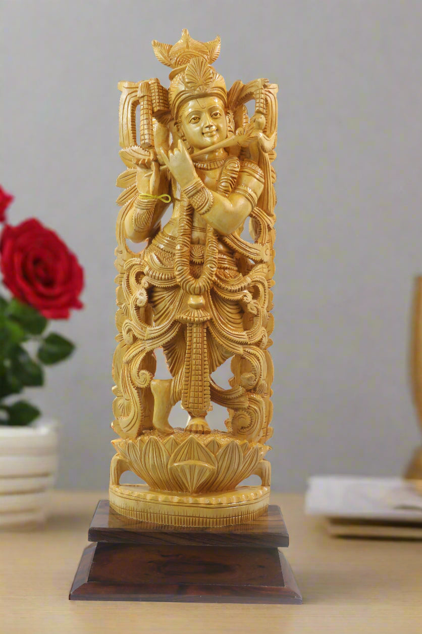 Beautiful Krishna Wood Sculpture – Perfect for Temple or Home