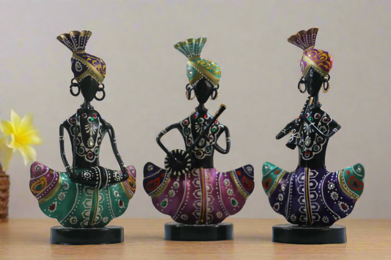 Iron Multicolor Sitting Sardar Musician Set of 3 Decorative Showpiece