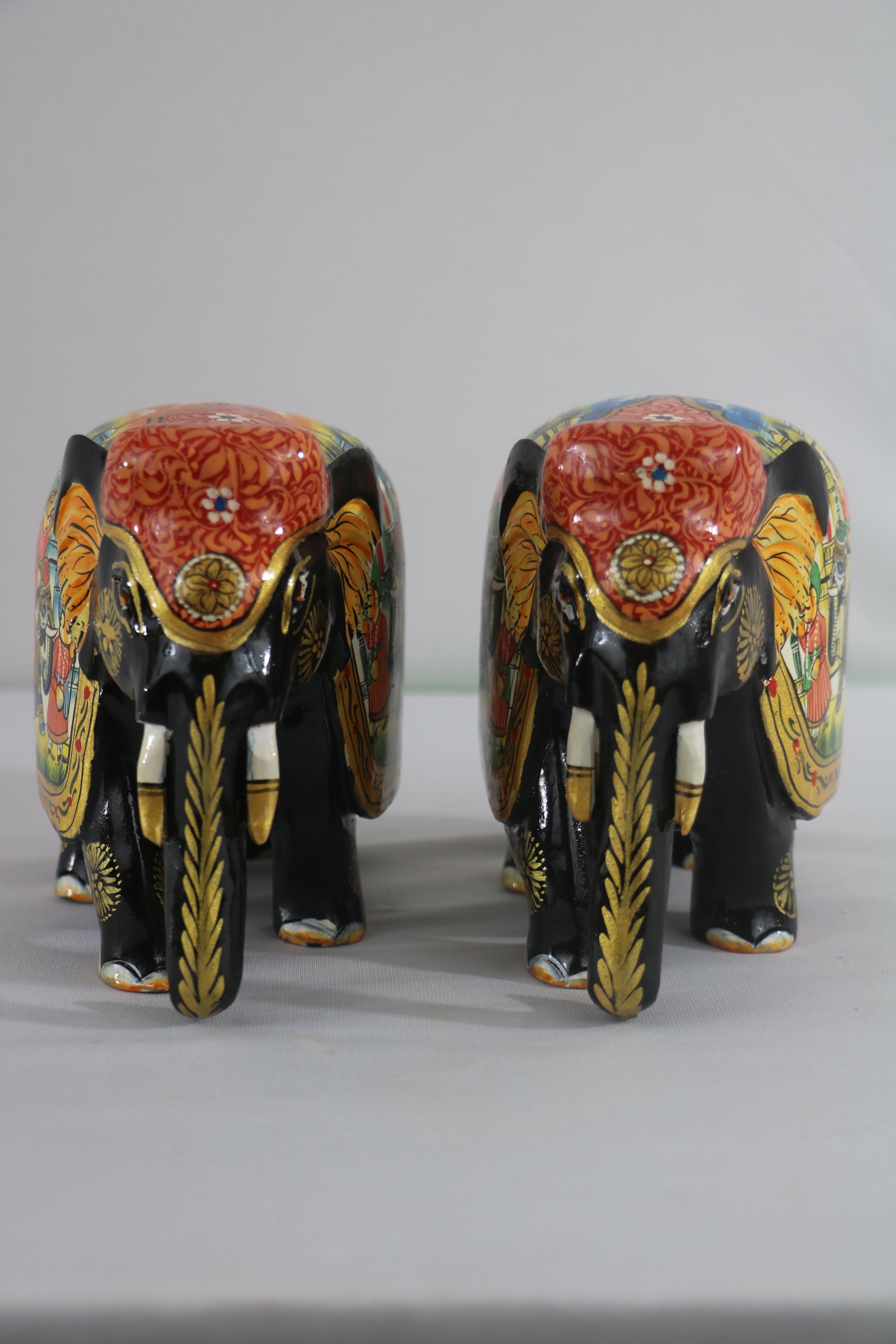 Black Painted Wooden Mughal Elephants – Elegant Decorative Figurines