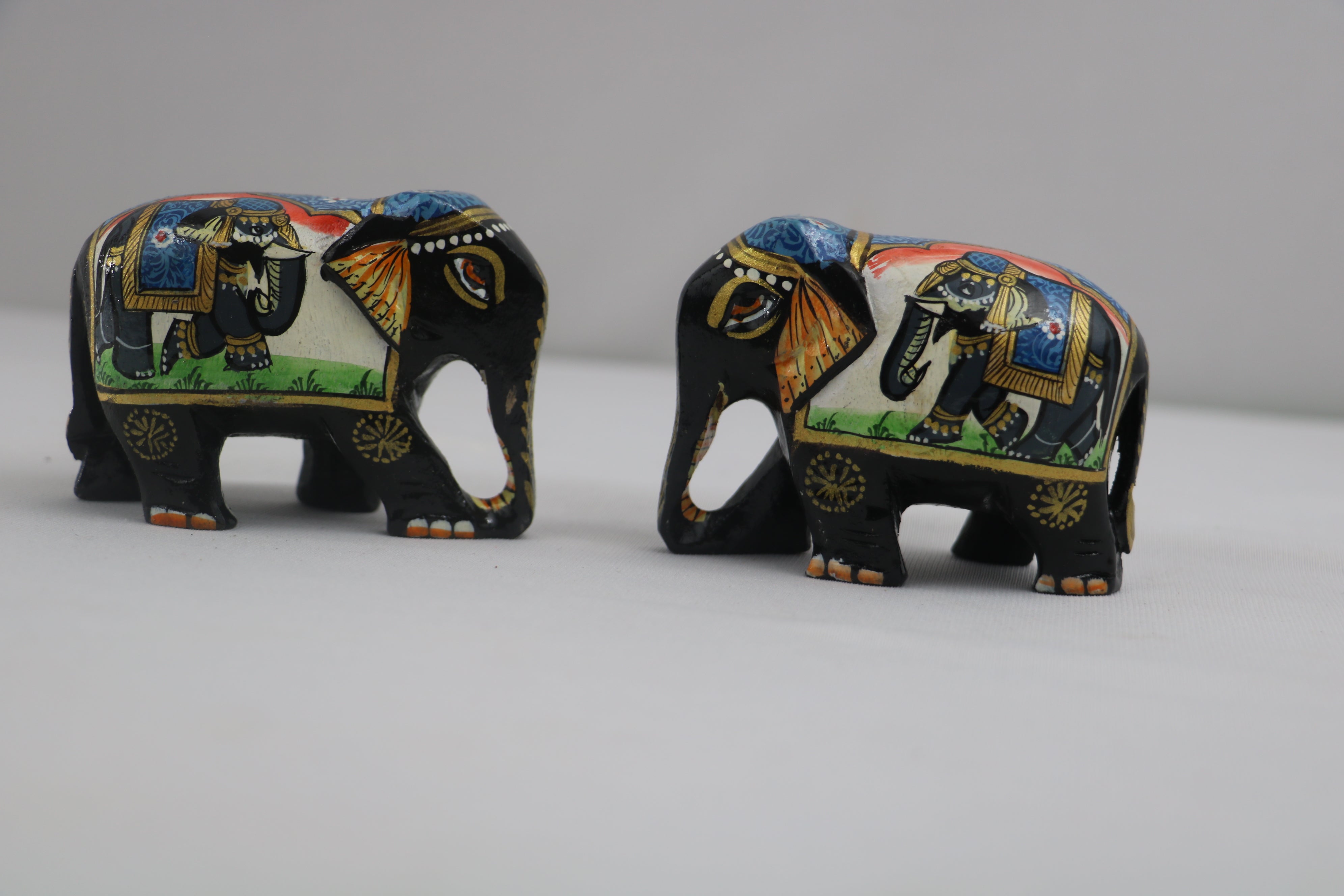 Black Painted Wooden Mughal Elephants – Elegant Decorative Figurines