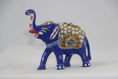 Hand-Painted Metal Elephant with Stone Inlay | Decorative Figurine