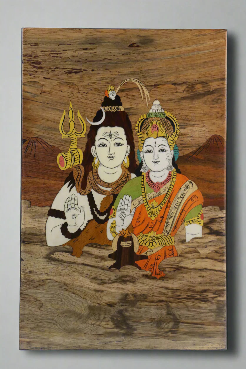 Wooden Inlay Shiva Parvati Frame – South Indian Handmade Spiritual Art