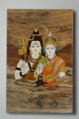 Wooden Inlay Shiva Parvati Frame – South Indian Handmade Spiritual Art
