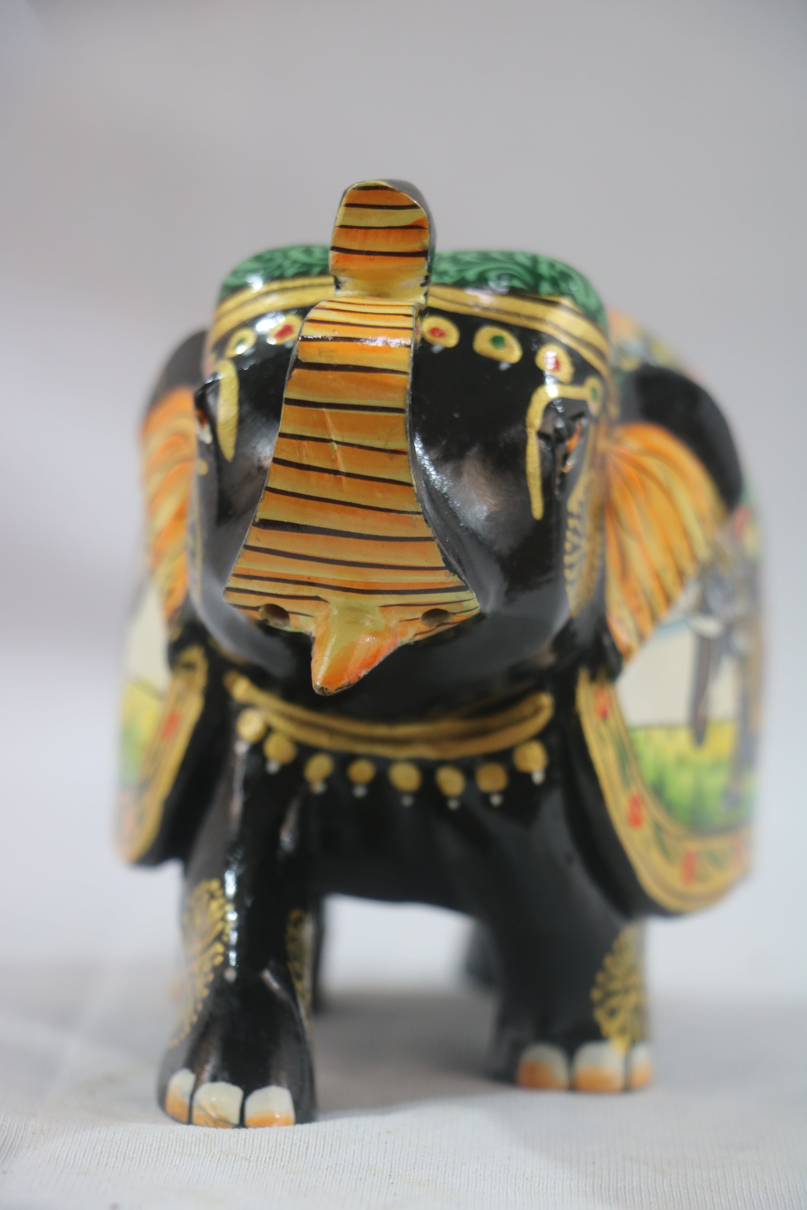 Black Painted Wooden Mughal Elephants – Elegant Decorative Figurines