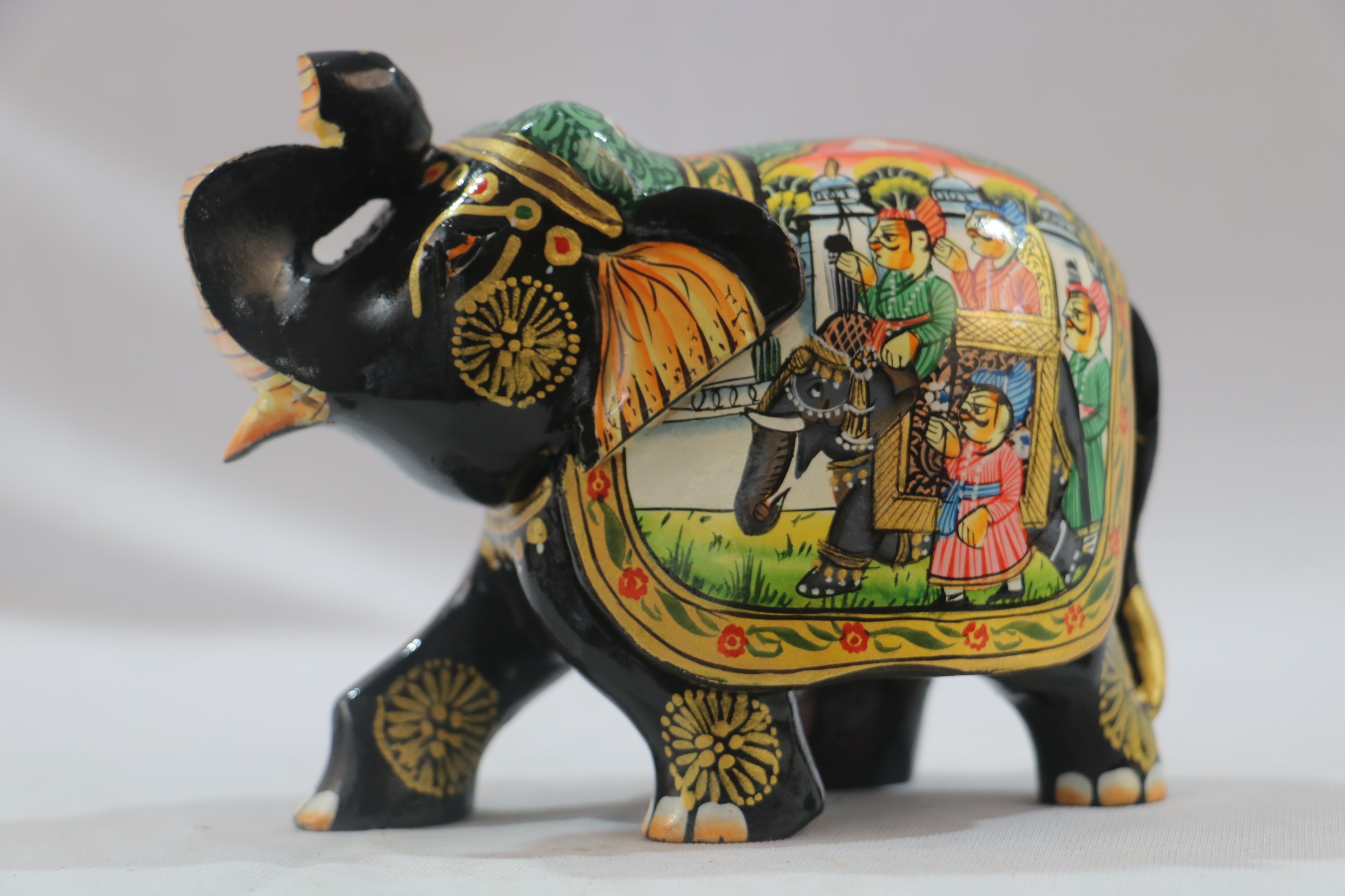 Black Painted Wooden Mughal Elephants – Elegant Decorative Figurines