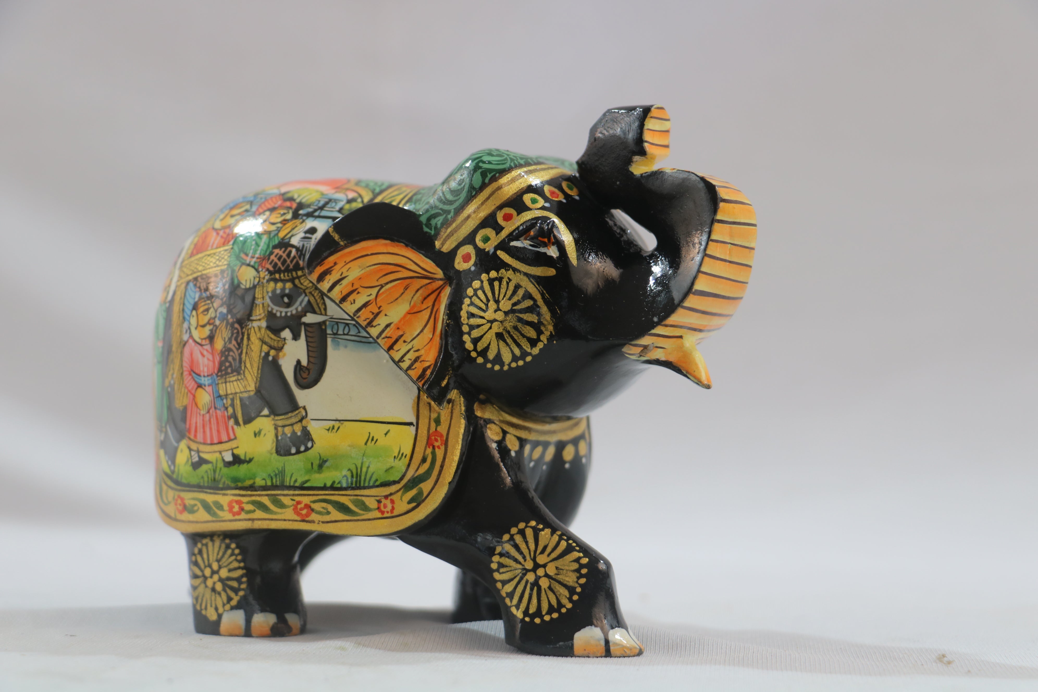 Black Painted Wooden Mughal Elephants – Elegant Decorative Figurines