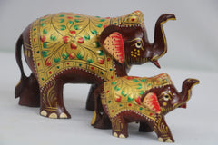 Hand-Painted Wooden Elephant with Trunk Up | Decorative Figurine